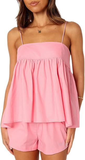 Juakoso Women Solid Color 2 Piece Shorts Matching Set Tie Back Spaghetti Strap Cami Top High Elas... | Amazon (US)