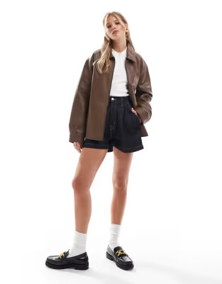 ASOS DESIGN zip front leather look harrington in chocolate | ASOS | ASOS (Global)