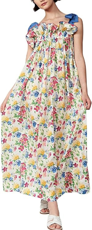 NUFIWI Women Tie Shoulder Graffiti Long Dress Sleeveless Flowy Graphic Maxi Dress Swing Spaghetti... | Amazon (US)