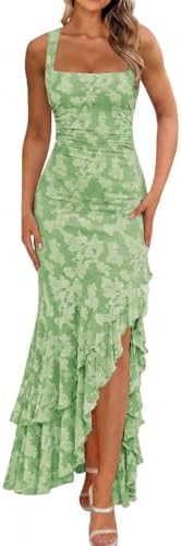 BORIFLORS Women's Elegant Ruched Floral Maxi Dress Mesh Mermaid Ruffle Wedding Guest Cocktail Lon... | Amazon (US)