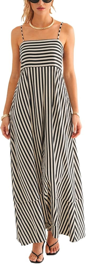 CUPSHE Womens Summer Maxi Dress Casual Sleeveless Square Neck Striped Beach Long Dress with Pocke... | Amazon (US)