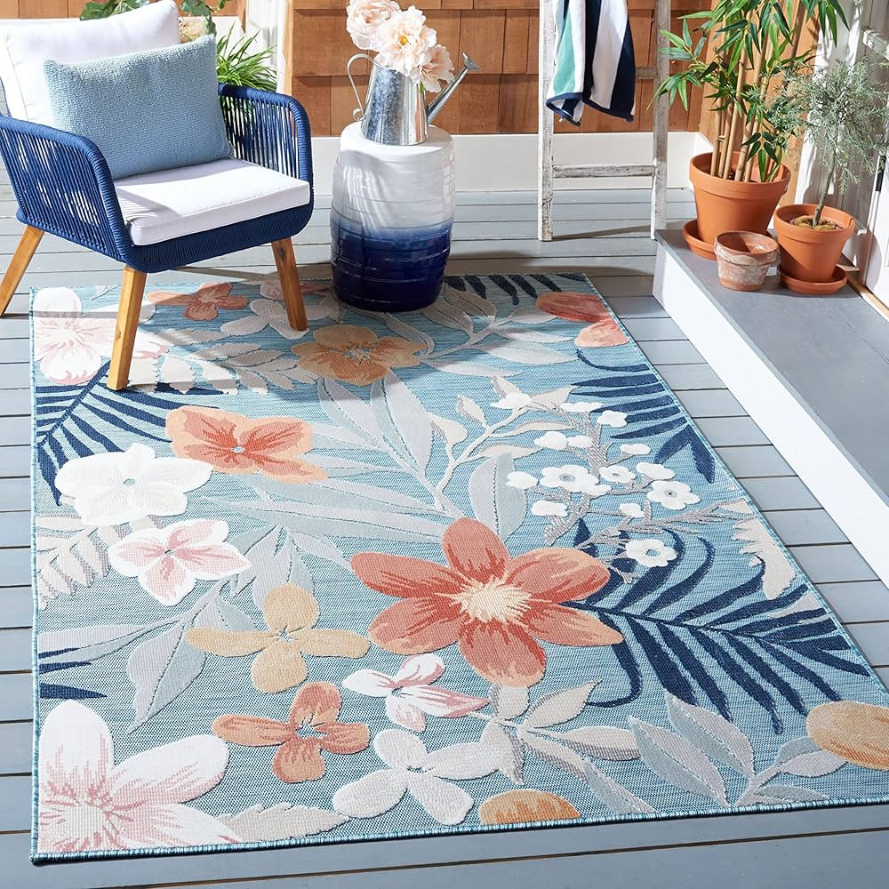 SAFAVIEH Area Rug 8x10 - Outdoor Cabana Collection - Large - Aqua & Rust, Floral Tropical Design,... | Amazon (US)