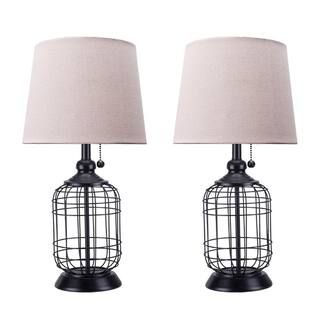 Merra 18 in. Black Cage Table Lamp with Oatmeal Linen Shade (set of 2)-PTL-1752-BK-BNHD-1 - The H... | The Home Depot