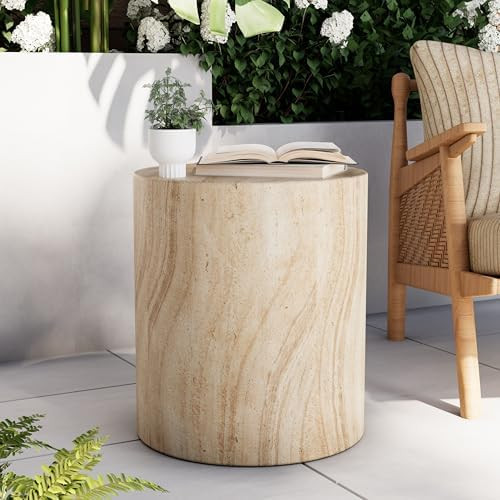 Royal Windsor Outdoor Side Table for Patio, Faux Travertine Cylindrica, Stylish Beige Stone Desig... | Amazon (US)