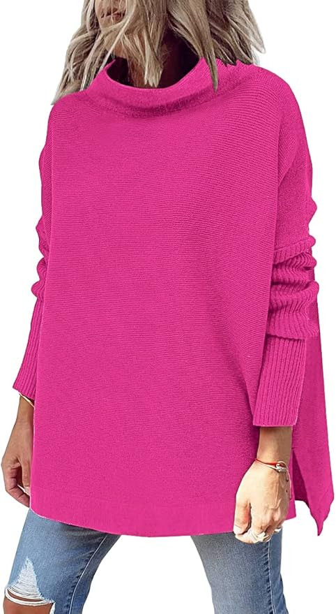 LILLUSORY Women's Mock Turtleneck Casual Oversized Sweater Long Batwing Sleeve Split Hem Ribbed K... | Amazon (US)