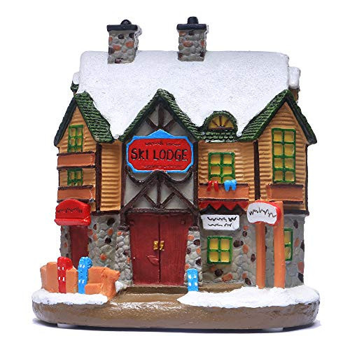 QPURP Christmas Village House, Polyresin Lighted Winter Ski Lodge Scene Decoration Christmas Ornament | Amazon (US)
