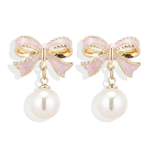 Pink Bow Earrings for Women Cute Stuff Bow Pearl Drop Earrings Jewelry Wedding Party Accessories Gifts for Her | Amazon (US)
