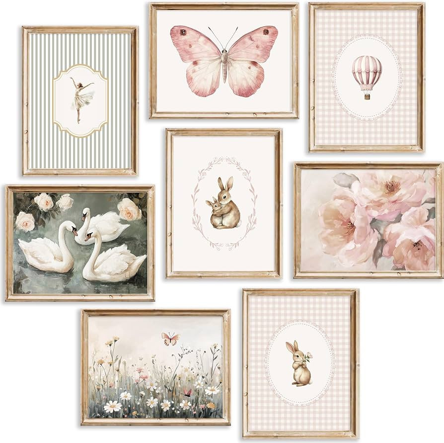 Pink Nursery Wall Art Vintage Style Baby Girls Room Canvas Wall Decor Cute Rabbit Bunny Swan Post... | Amazon (US)