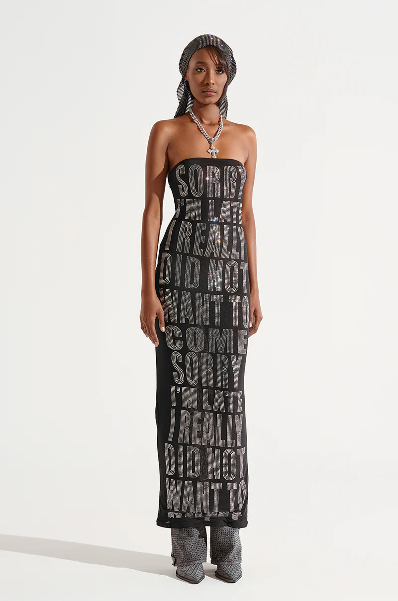 I'M LATE RHINESTONE GRAPHIC MIDI DRESS | AKIRA