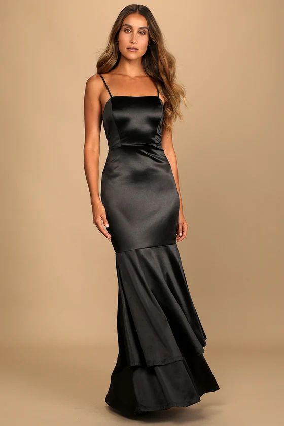 Contemporary Romance Black Satin Tiered Mermaid Maxi Dress | Lulus (US)