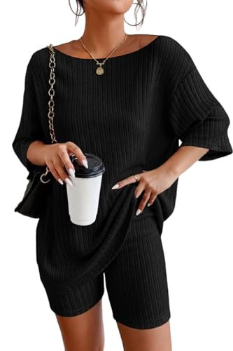 Molirex Women Black Biker Short Set, 2 Piece Off Shoulder Summer Tracksuits 3/4 Sleeve Oversized T-Shirt Ribbed Knit Pajamas X-Large | Amazon (US)