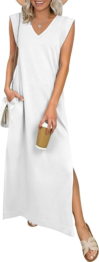 ANRABESS Womens Summer Casual Maxi Dresses Sleeveless V Neck Split Wrinkle-Free Long Sundress Bea... | Amazon (US)