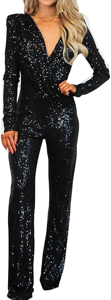 JOAU Sparkly Sequin Jumpsuits for Women Dressy Formal Long Sleeve Party Rompers Wrap V Neck Wide ... | Amazon (US)