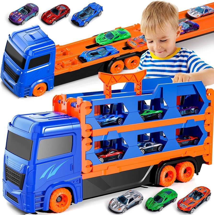 iHaHa 61-Inch Race Track and Die-Cast Transport Truck Toys for 2 3 4 5 6 Years Old Boys Kids - To... | Amazon (US)