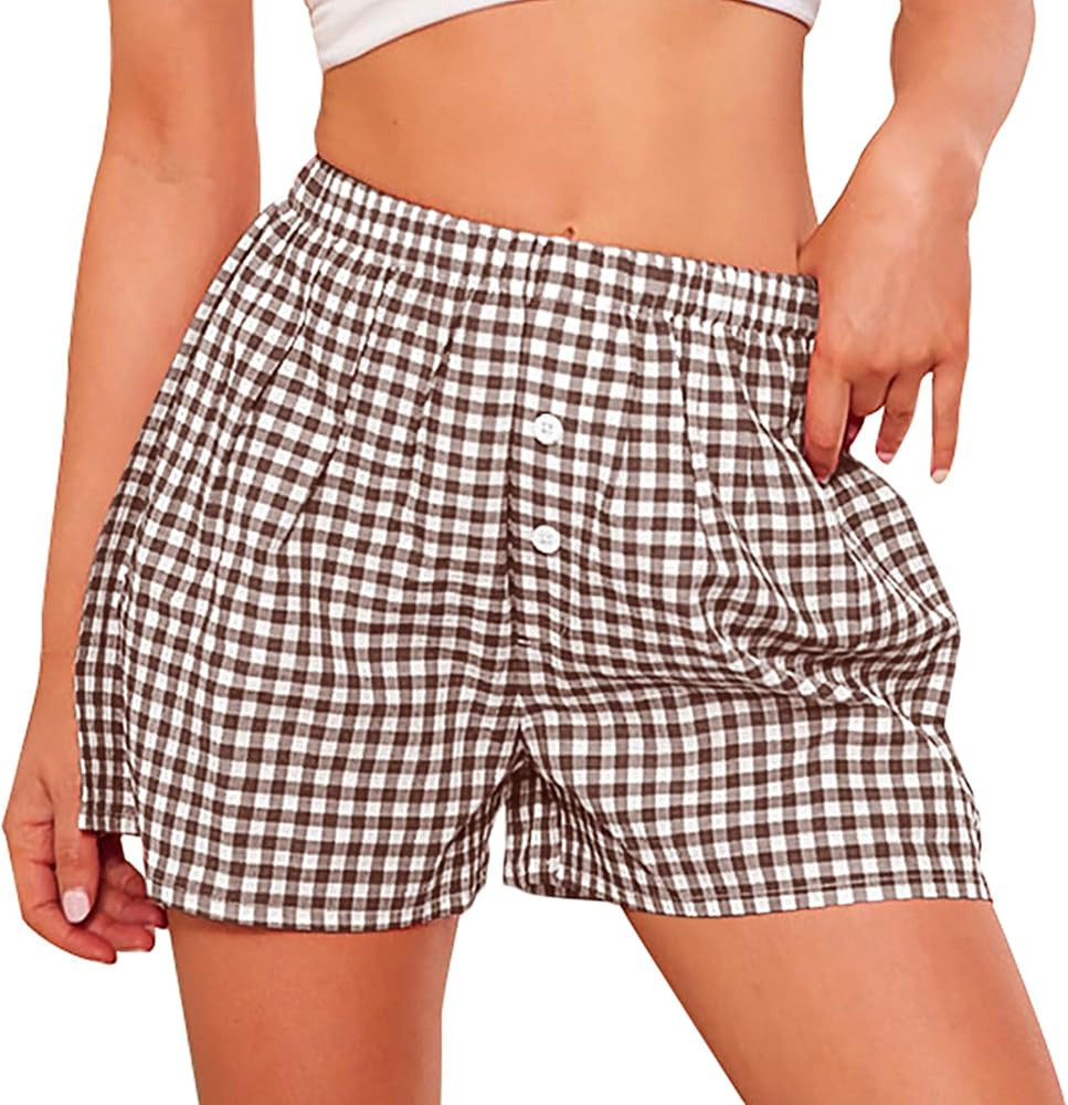 PRETTYGARDEN Womens Shorts Boxers 2025 Summer Gingham Pajama Lounge Sleep Y2K Plaid Pj Shorts Bea... | Amazon (US)