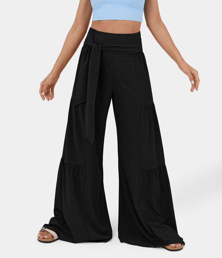 Breezeful™ High Waisted Shirred Tie Front & Back Plicated Wide Leg Flowy Quick Dry Casual Pants | HALARA