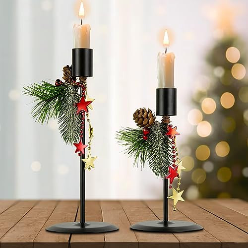 Christmas Candle Holder,Metal Black Candlestick Holders Set of 2 with Pine Cones Decorations,for Christmas Table Centerpieces | Amazon (US)