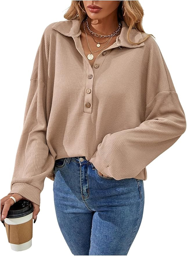 SweatyRocks Women's Waffle Knit Tops Collar Long Sleeve Casual Loose Half Button Shirts Fall Tren... | Amazon (US)