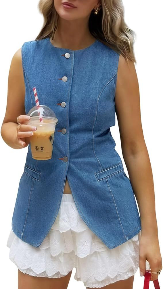 Cicy Bell Womens Round Neck Denim Waistcoat Vest Summer Button up Jean Vest Tops Fitted Sleeveles... | Amazon (US)