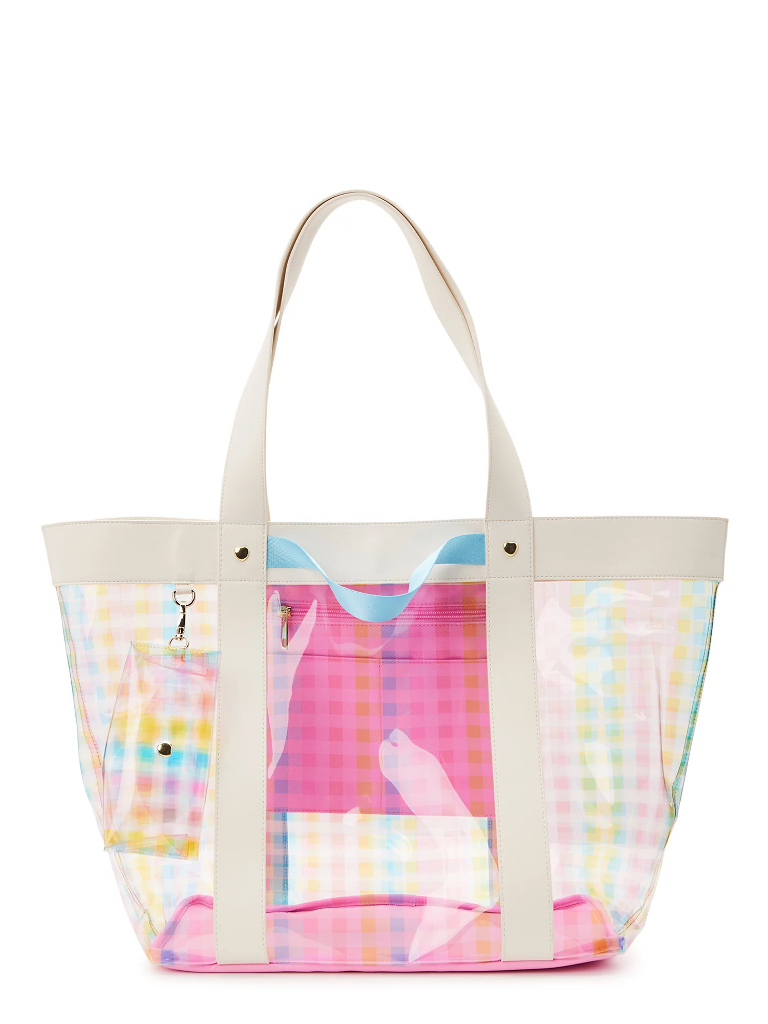 No Boundaries Women's Vinyl Beach Tote with Removable Glasses Case, Check | Walmart (US)