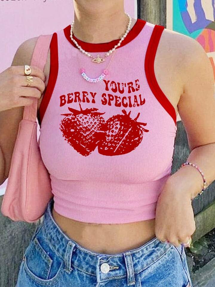 INAWLY Women's Simple Strawberry Printed Open Shoulder Top YOU'RE BERRY SPECIAL | SHEIN