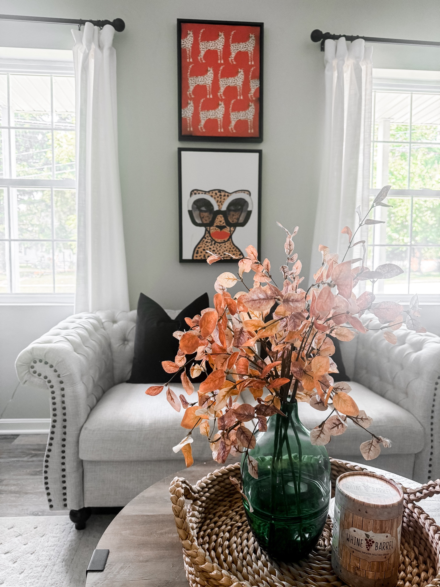 Warm fall color decor to brighten your  living room space. Fall faux foliage, velvet pillows and bold canvas wall art.

#LTKHome #LTKFallSale #LTKSeasonal