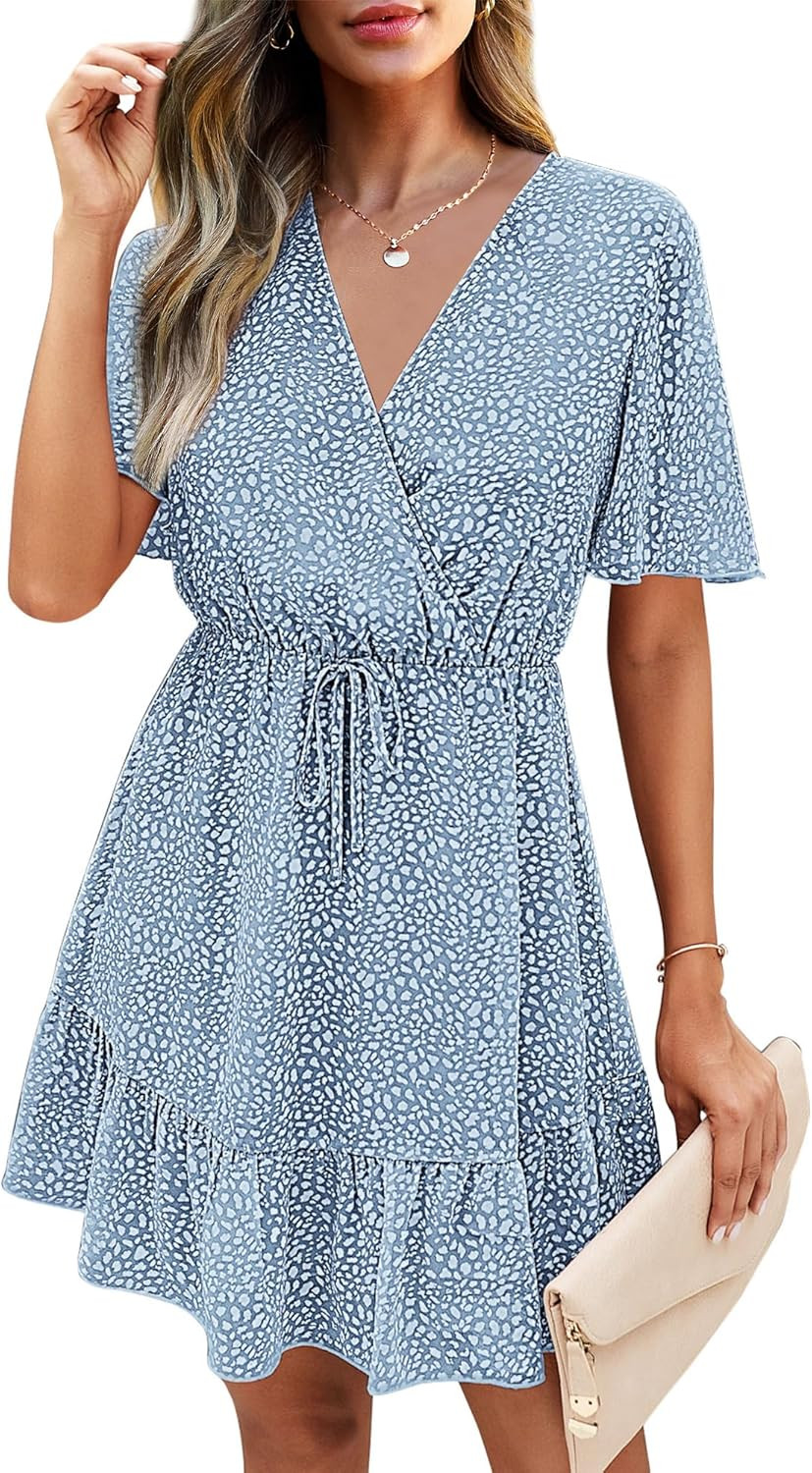 KIRUNDO Women's Summer Dresses 2024 Casual Short Sleeve V Neck Ruffle Floral Print High Waist Flo... | Amazon (US)