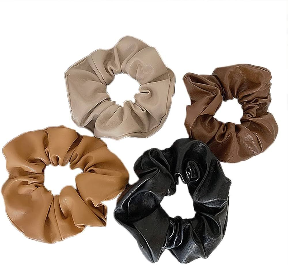 Big Hair Scrunchies for Women Girls 4 Pcs Soft Leather Scrunchies Ponytail Holders for Thick Hair... | Amazon (US)