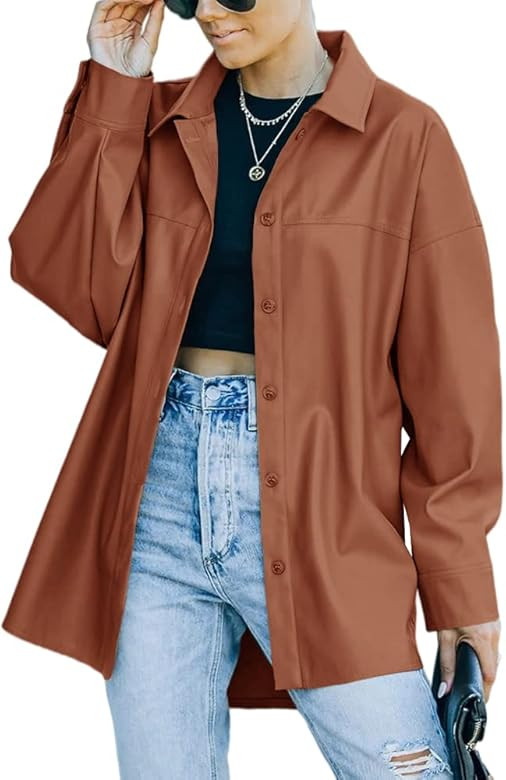 LPCBDEE Womens Faux PU Leather Shacket Casual Buttons Down Long Sleeve Shirt Jacket Coat | Amazon (US)