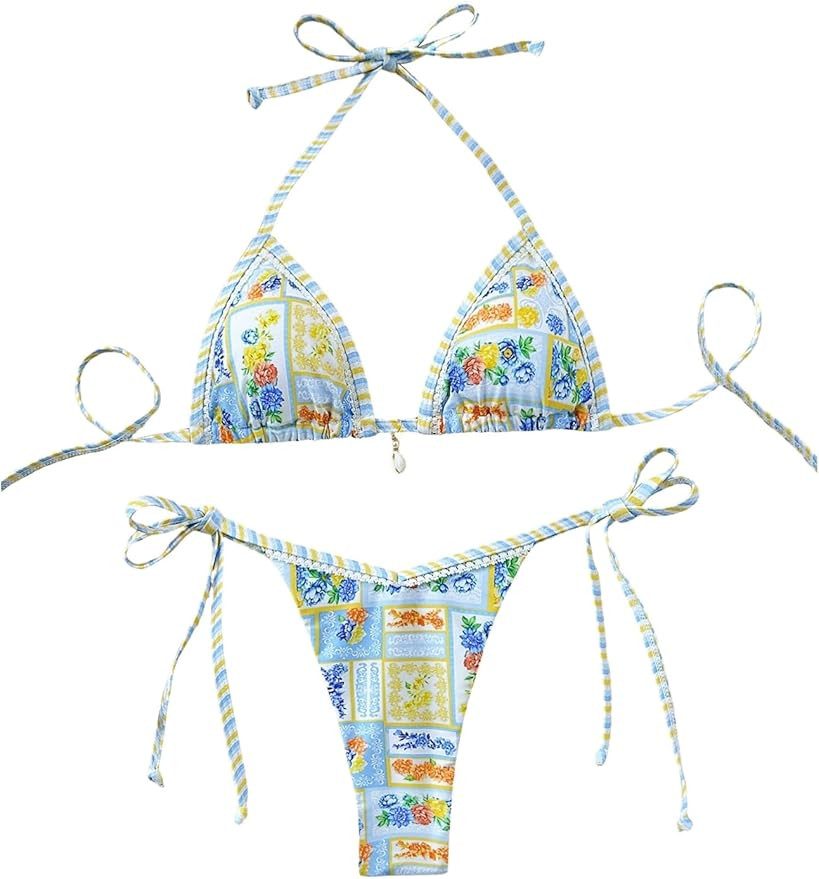 WDIRARA Women's 2 Piece Boho Triangle Bikini Set Halter String Swimsuits Beach Bathing Suit Set | Amazon (US)