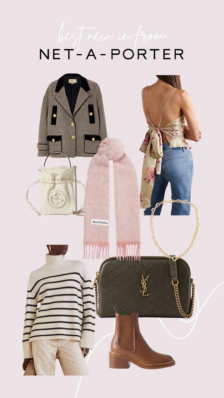 The best new in Fall fashion from Net-A-Porter! Stripe jumpers - striped knitwear - rollneck - Anine Bing - YSL bag - Saint Laurent - leather shoulder bag - Acne - Acne scarf - pink fringed knitted scarf - LoveShackFancy - tie back top - floral top - camisole - Chloe - Chelsea boots - Chloe boots - brown leather boots - Gucci bag - white quilted bag - mini bag - Gucci coat - herringbone coat - wool coat - Laura Lombardi - gold plated necklace - recycled gold - Autumn fashion - old money style 

#LTKSeasonal #LTKeurope #LTKstyletip