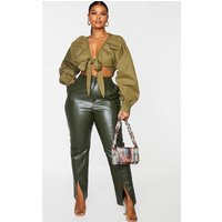 Plus Khaki Tie Front Ruched Blouse | PrettyLittleThing UK