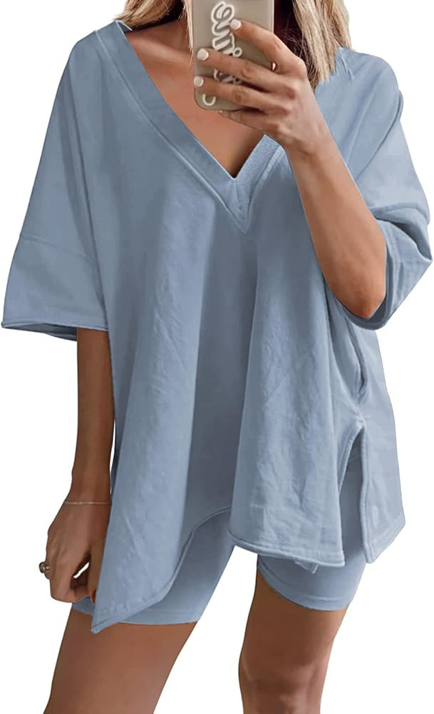 2 Two Piece Outfits for Women Summer Oversized Workout V Neck T Shirts Biker Shorts Matching Sets | Amazon (US)