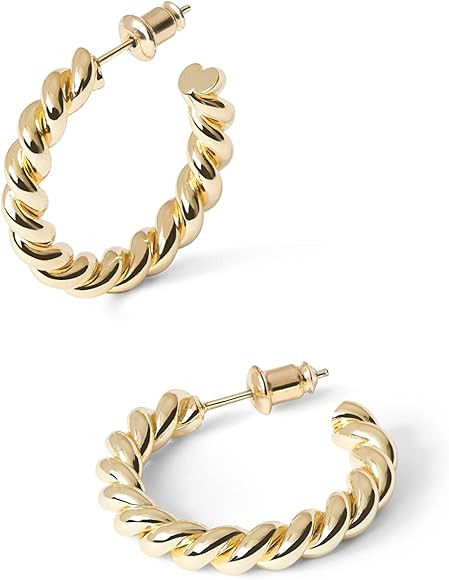 PAVOI 14K Gold Plated Twisted Rope Round Hoop Earrings in Rose Gold, White Gold and Yellow Gold | Amazon (US)