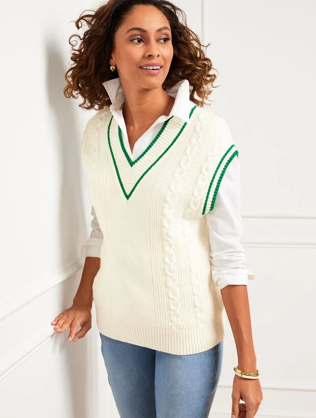 Drop Shoulder Cable Knit Sweater Vest | Talbots