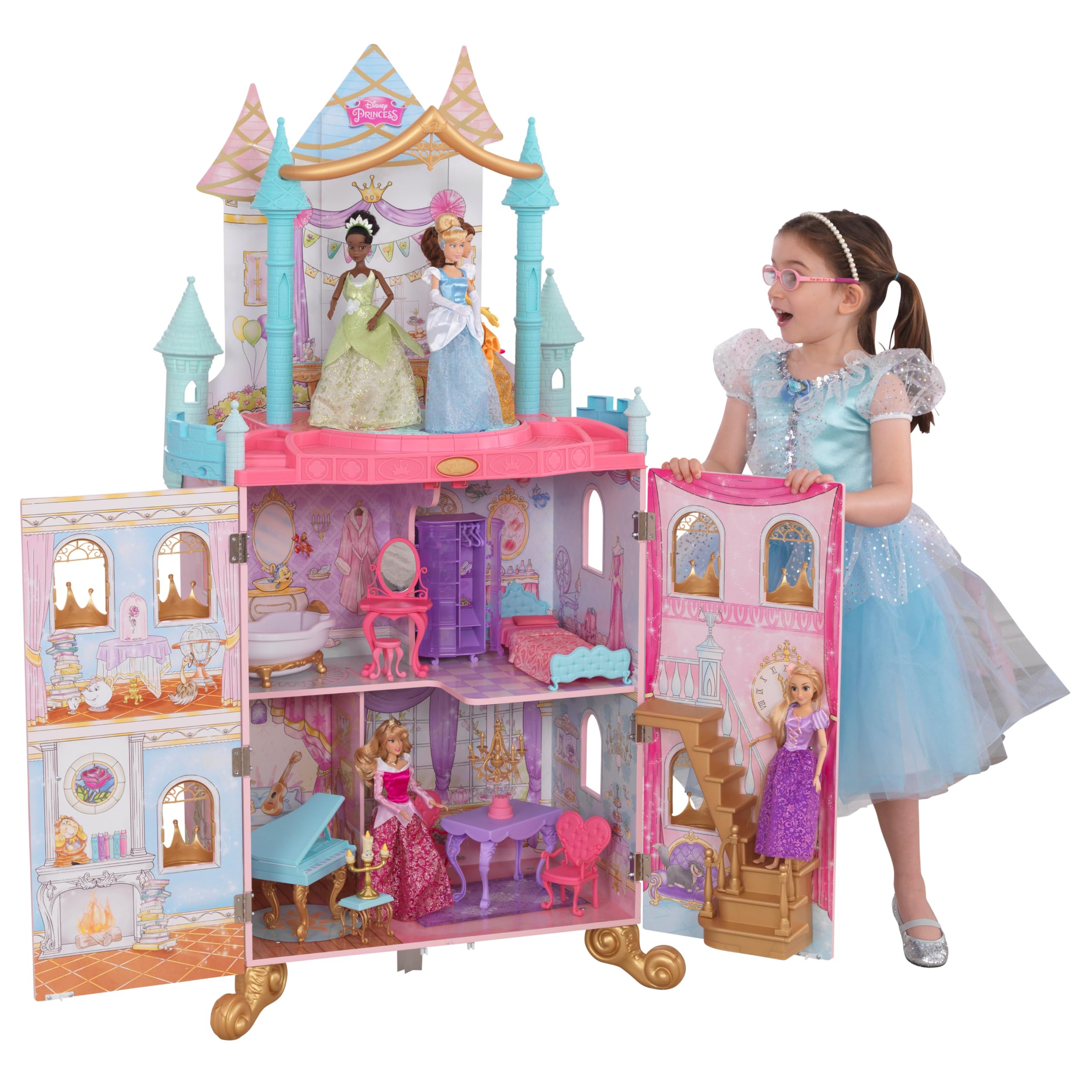 KidKraft Disney Princess Dance & Dream Wooden Dollhouse, Over 4-Feet Tall, Includes Sounds, Spinning Dance Floor and 20 Play Pieces, Gift for Ages 3 | Amazon (US)