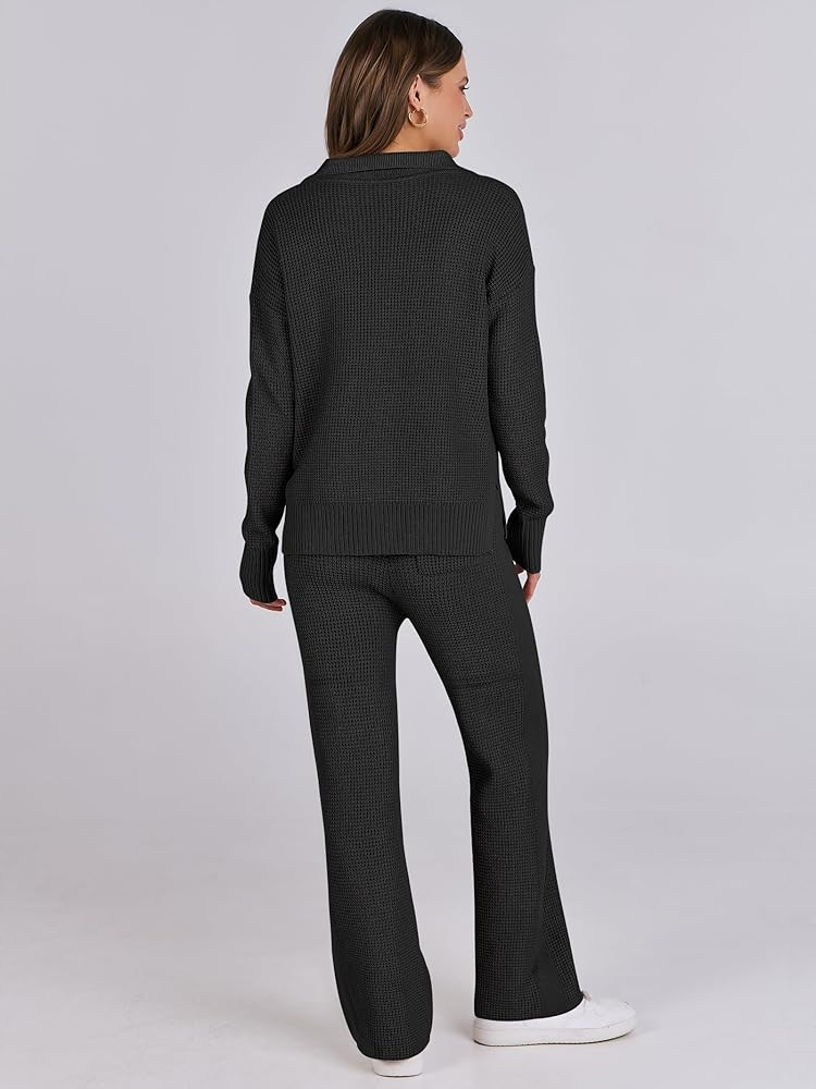 ANRABESS Womens Two Piece Outfits Sweater Sets Waffle Knit Pullover Wide Leg Pants Tracksuit Swea... | Amazon (US)