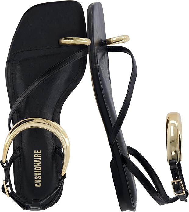 CUSHIONAIRE Secret Flat Sandals for Women with Gold Ankle Cuff and Toe Ring Strap, Vegan Leather ... | Amazon (US)
