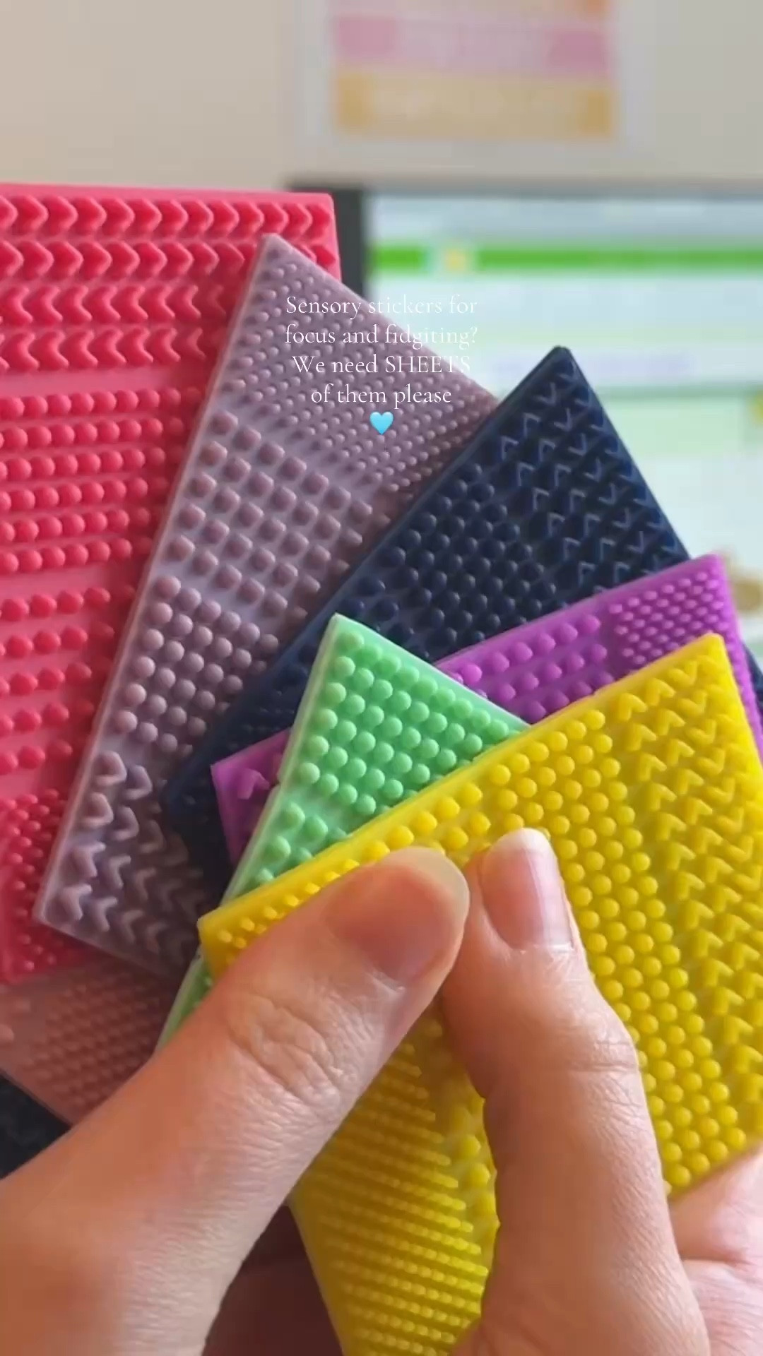 Sensory stickers for our homeschool study space! 📚 
These are a GREAT set! They come with a lot of colors and multiple textures, and the adhesive hasn’t damaged anything (and I’ve been removing and moving them around a bit already). 

💛 I’ve even noticed that these help stop nail biting, so that’s a big plus for us! 🩵 

Sensory stickers are perfect for reducing anxiety, calming nerves, or helping with focus. These can be a useful tool for adults or kids with sensory needs, ADD, ADHD, SPD, anxiety, autism, or other needs where sensory input can help.

🔍 
Homeschooling essentials, homeschooling finds, stress reduction, gifts for kids, fidget toys, fidget stickers, sensory bin, sensory play, sensory needs



#LTKHome #LTKSaleAlert #LTKKids