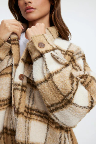 Plaid Shacket Ivory & Pecan, Size XXS/XS | Good American