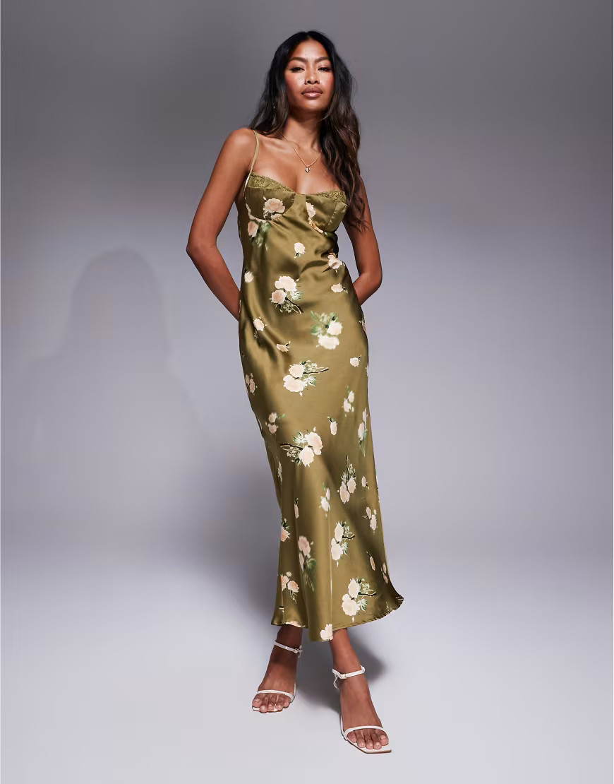 Love Triangle satin maxi dress with lace trim cups in dark olive floral-Green | ASOS (Global)