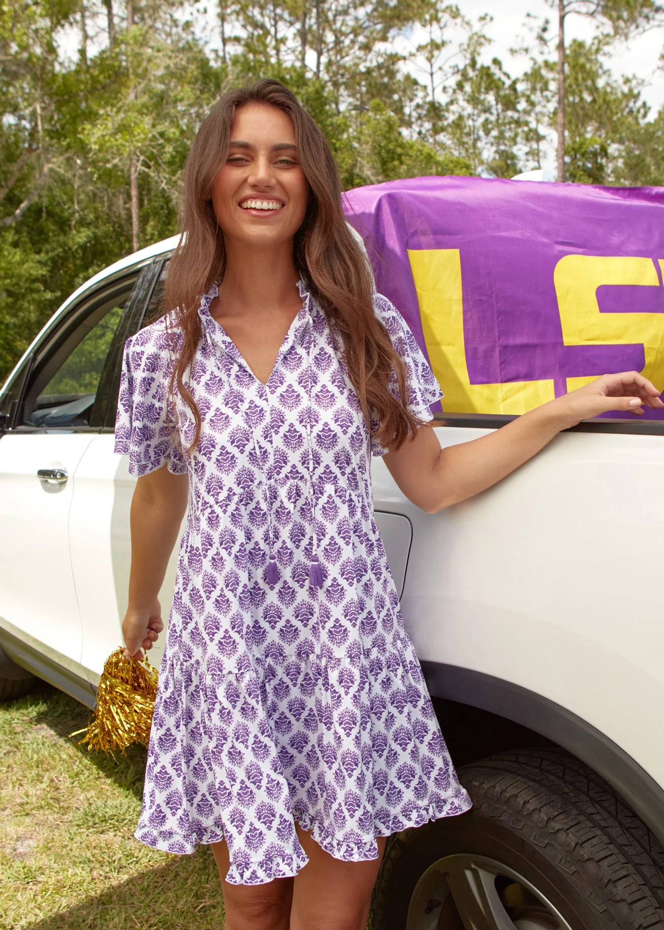 Purple Game Day Short Sleeve Tiered Dress | Cabana Life | Cabana Life