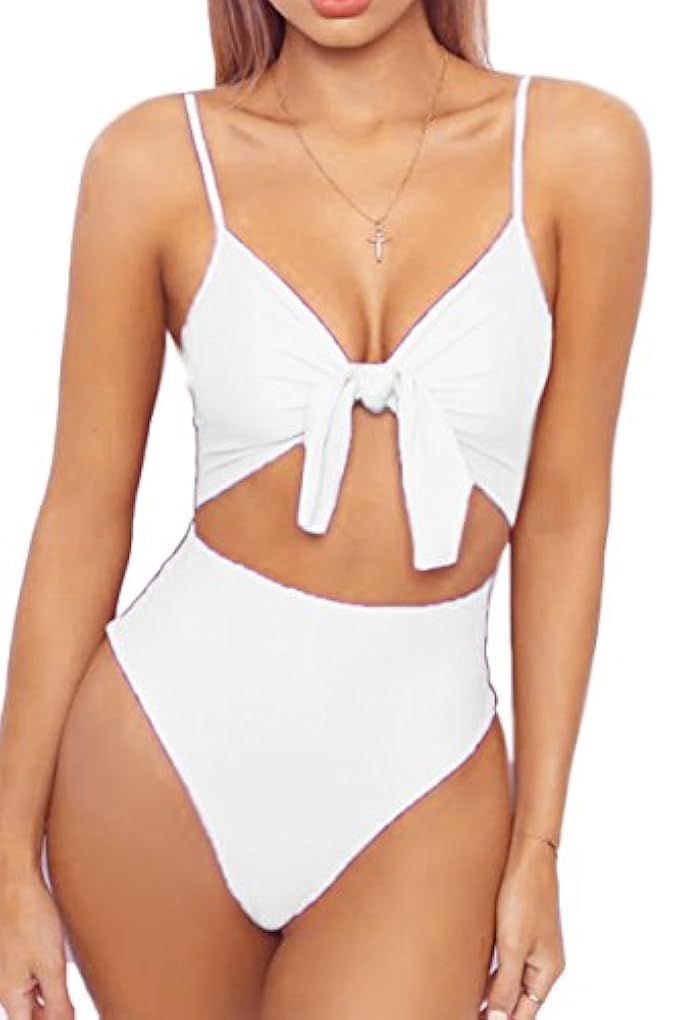 LEISUP Womens Spaghetti Strap Tie Knot Front Cutout High Cut One Piece Swimsuit | Amazon (US)