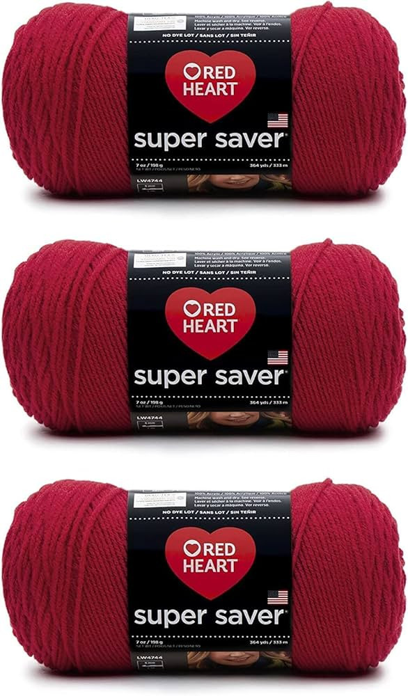 Red Heart Super Saver Cherry Red Yarn - 3 Pack of 198g/7oz - Acrylic - 4 Medium (Worsted) - 364 Y... | Amazon (US)