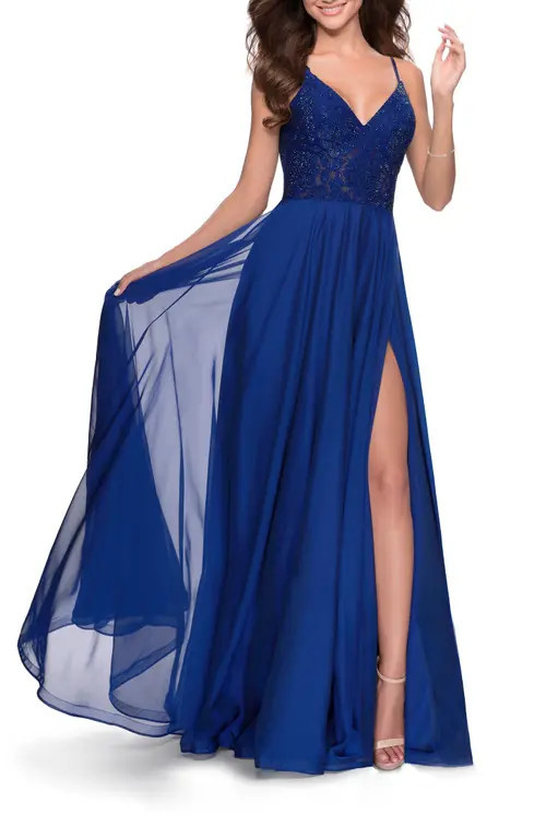 La Femme Chiffon Prom Dress with Sheer Floral Lace Bodice in Marine Blue at Nordstrom, Size 2 | Nordstrom
