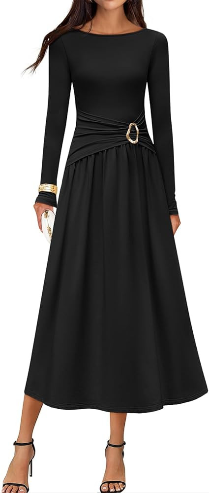 MEROKEETY Women's 2025 Fall Long Sleeve Midi Dress Elegant Boat Neck Ruched Swing Cocktail Party ... | Amazon (US)