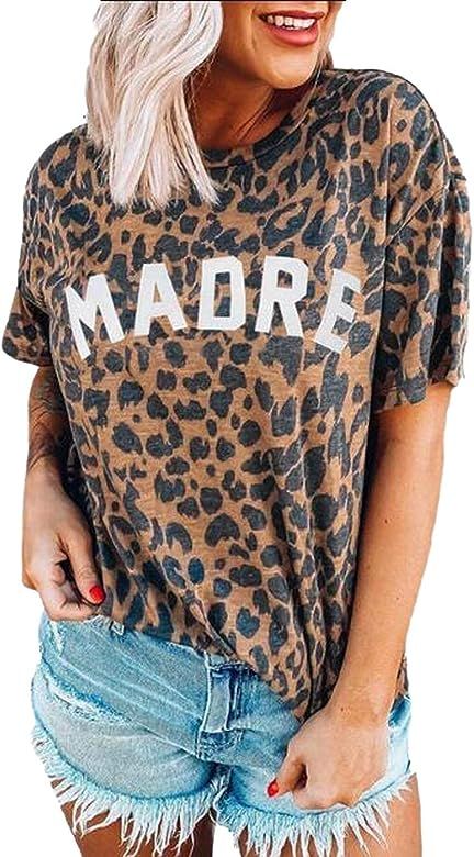 Womens Round Neck Short Sleeve Leopard Print Tees Tops Casual Madre Letter Printed T-Shirts | Amazon (US)