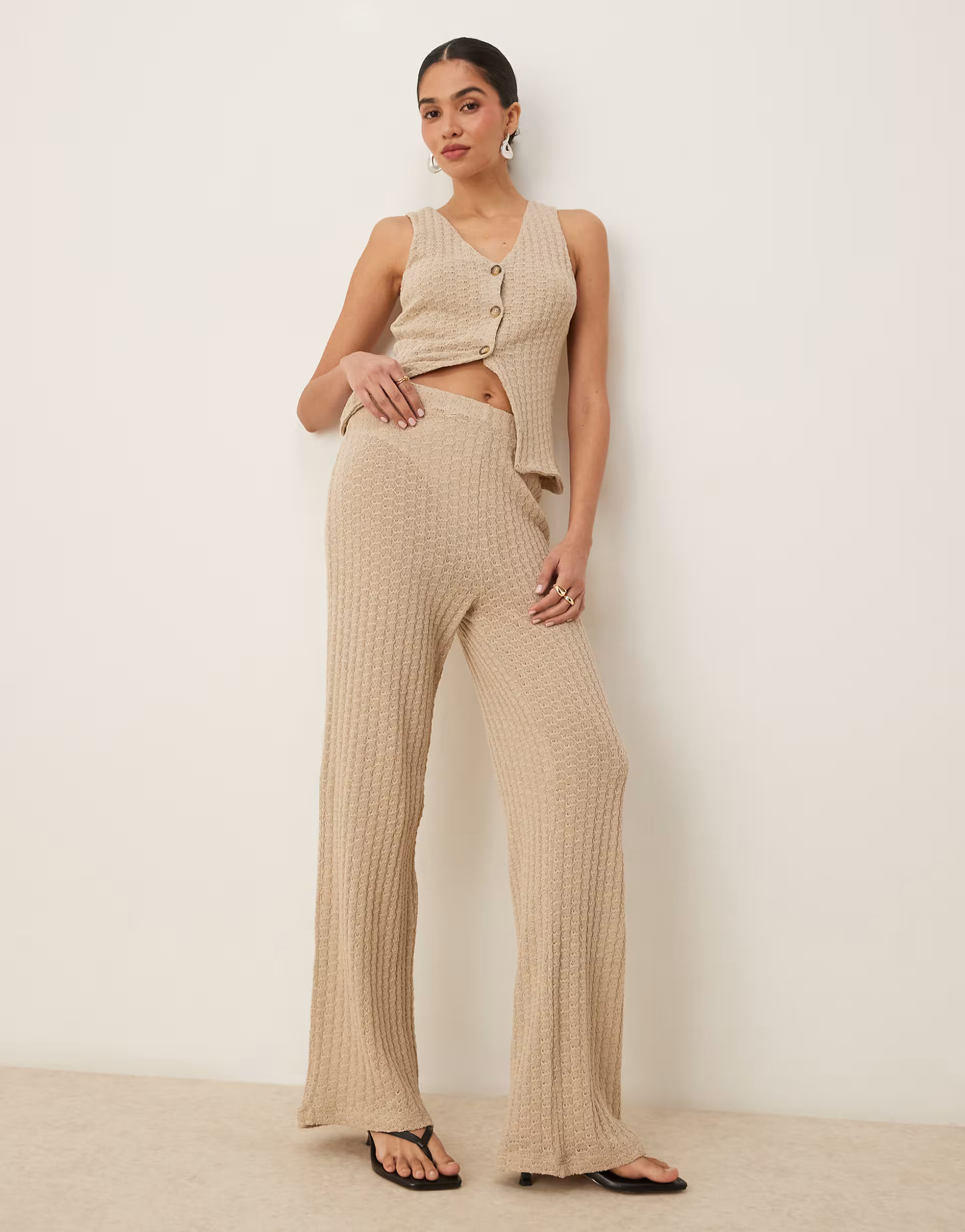 ASOS DESIGN co-ord semi sheer knit wide leg trouser in stone | ASOS | ASOS (Global)