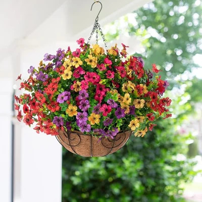 Artificial Fake Hanging Plants Flowers With Basket Outdoor Spring Decor, Faux Silk Pink Daisy In Pot Planter Realistic UV Resistant For Porch Home Ind | Wayfair North America