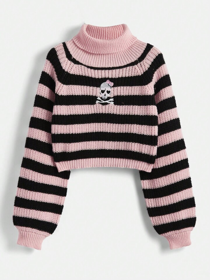 ROMWE Kawaii Skull Embroidery Striped Pattern Sweater | SHEIN